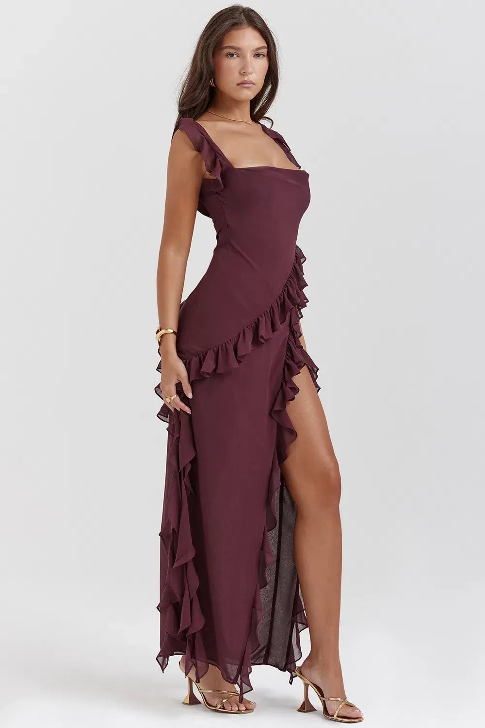 House of CB Ariela Ruffle Maxi Dress in Mulberry Size S/ AU 8 photo 2