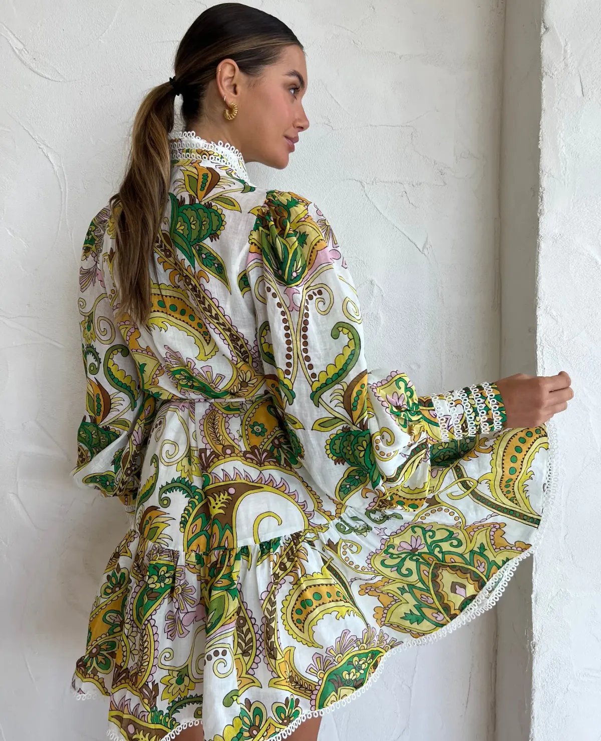 Alemais Octavia Mini Ruffle Dress Linen Long Sleeve Multi Size AU 8 photo 3