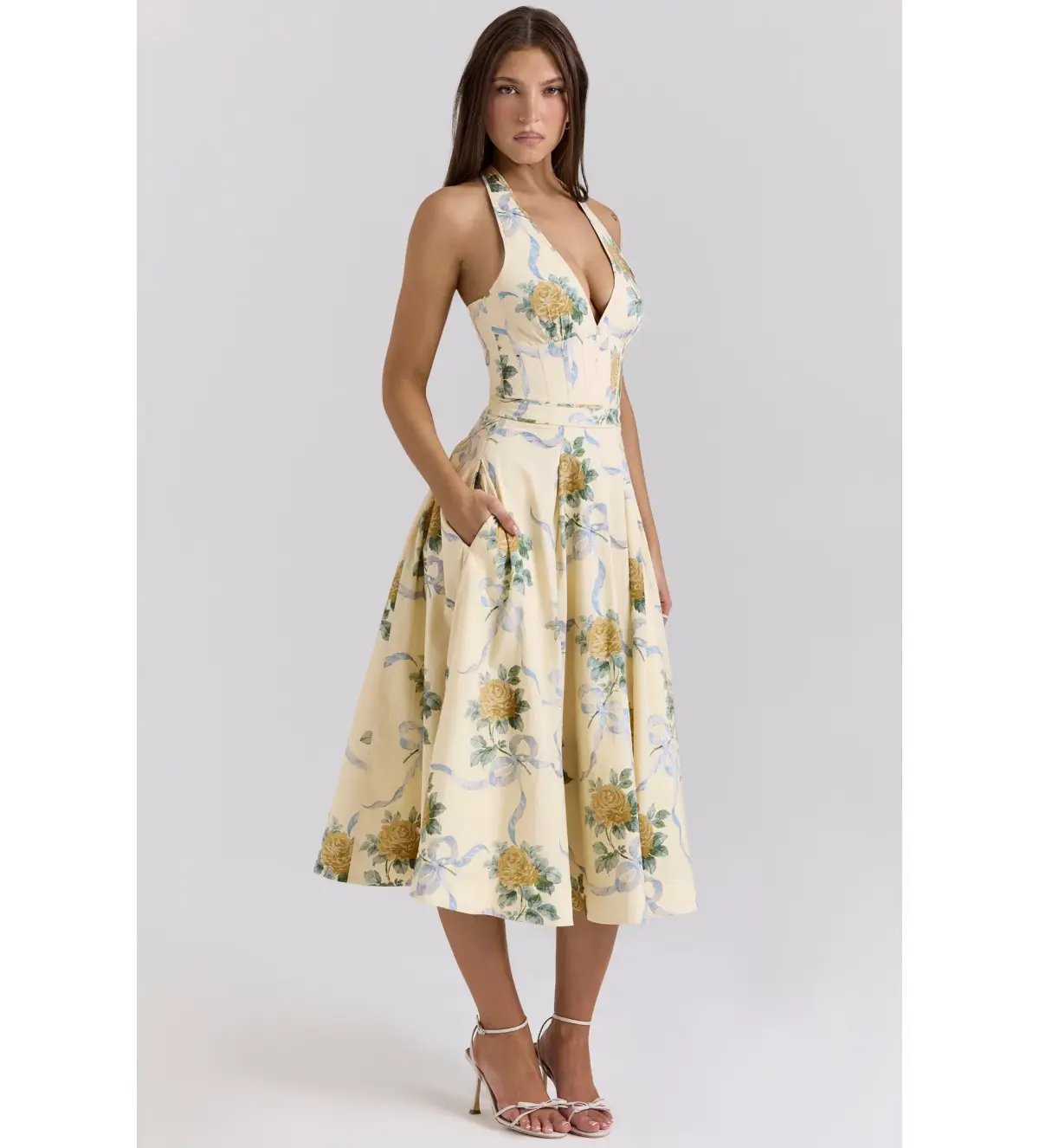 House of CB Allena Ribbon Stretch Cotton Halter Midi Sundress in Lemon Size AU 8 photo 2