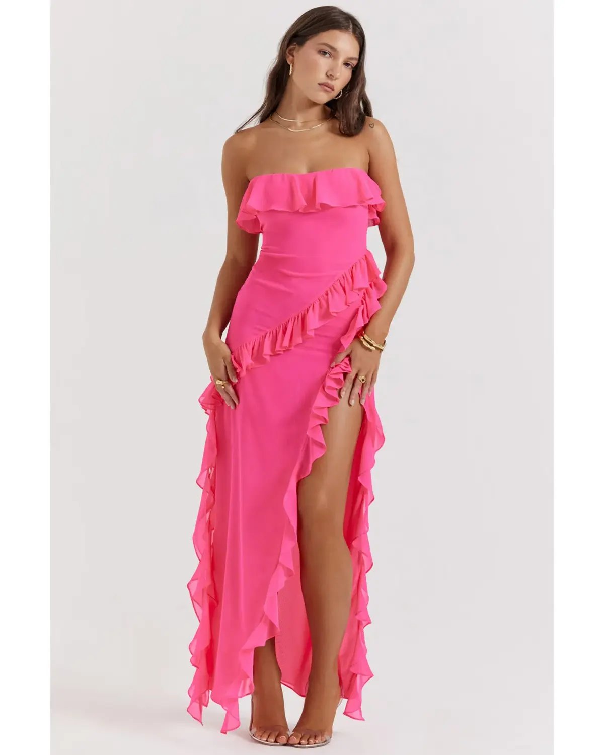 House Of CB Sarina Ruffle Maxi Dress Fuchsia Size AU 8 photo 2