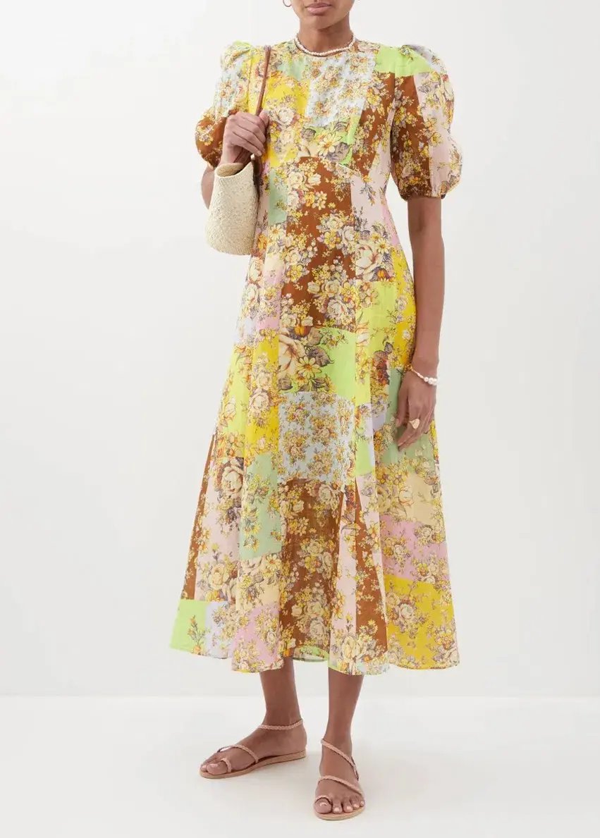 Alemais Matilde Patchwork Linen Midi Dress Floral Print Size 8 photo 2