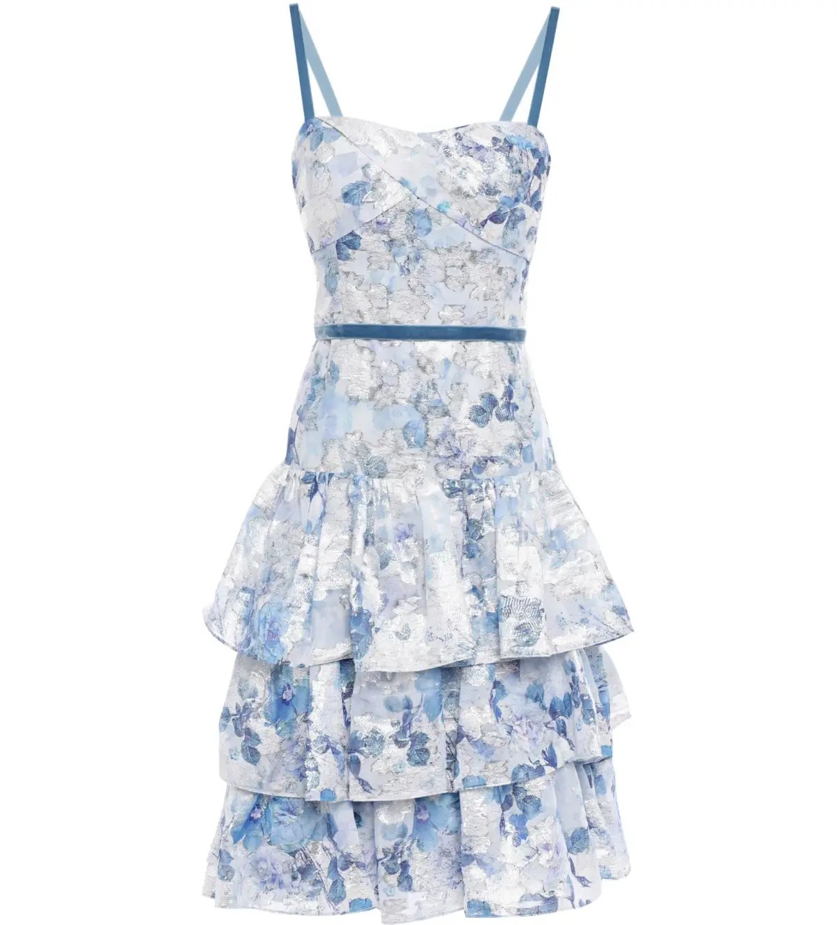 Marchesa Notte Tiered Velvet-Trimmed Fil Coupé Organza Dress in Sky Blue Size 10 photo 4