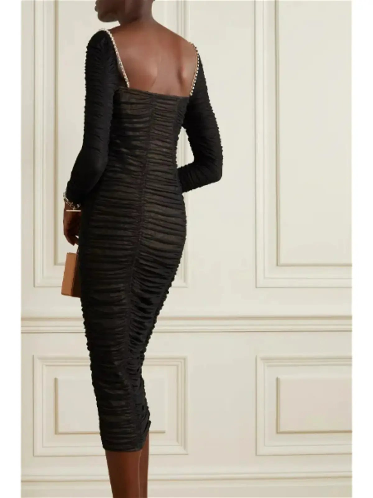 Self Portrait Crystal-Embellished Cutout Ruched Stretch-Mesh Midi Dress Black Size AU 12 photo 4