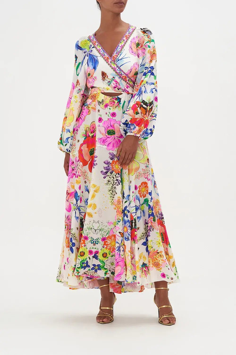 Camilla Wrap Tie Dress With Blouson Sleeve Fairy Gang Floral Size L/ Au 14 photo 2