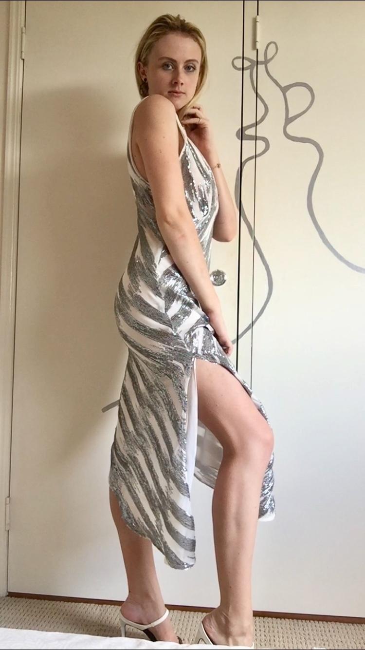 Manning Cartell Sequin Midi Plunging Dress Silver White Size 6 photo 5