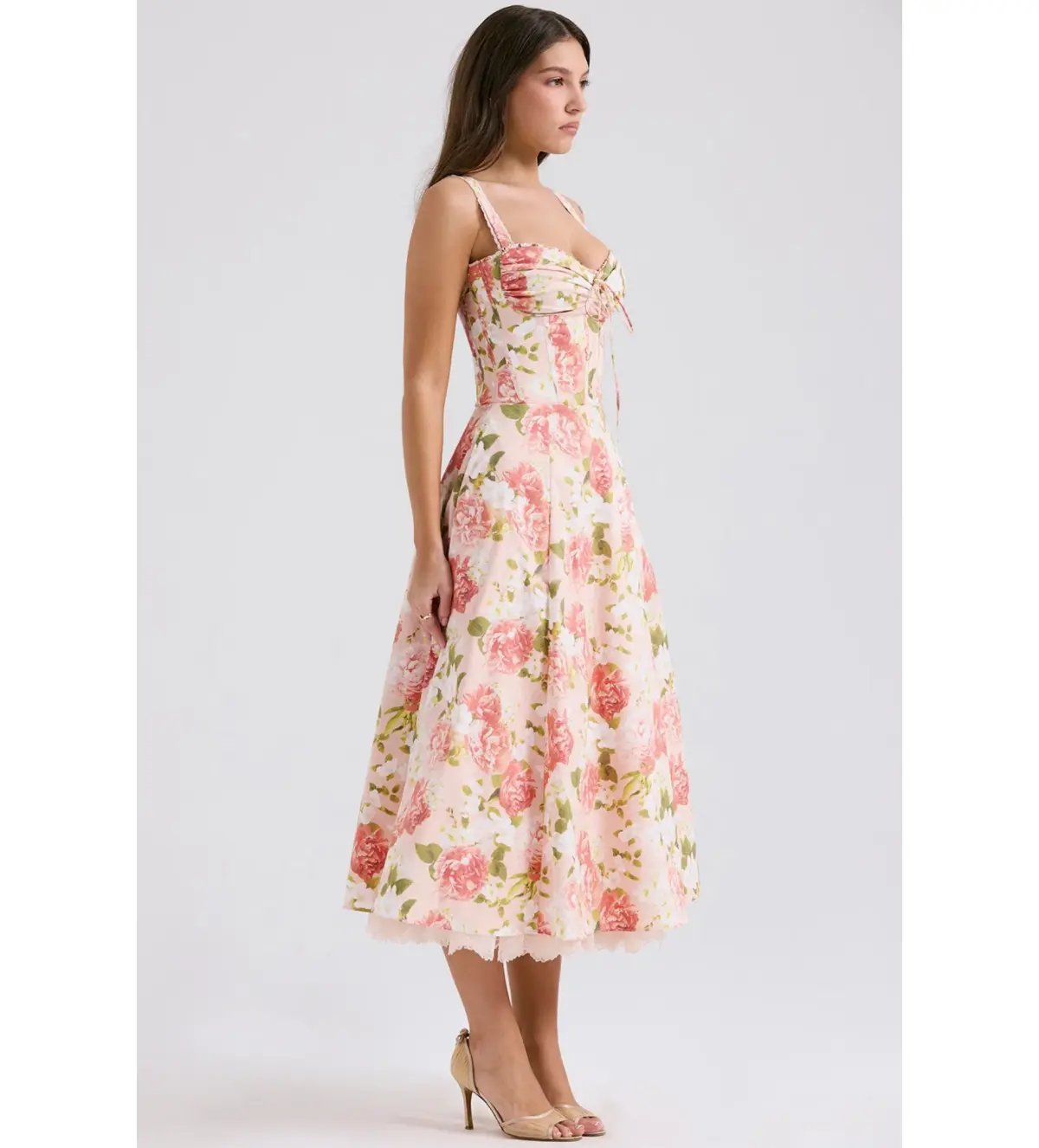 House of CB Rosalee Cotton Bustier Midi Sundress Pink Peony Print Size AU 8 photo 2
