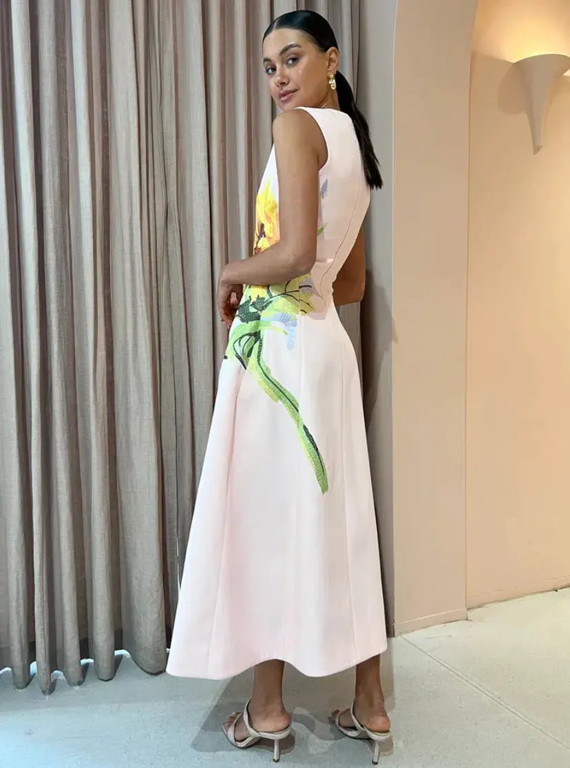 Leo Lin Cleo Sleeveless Midi Dress Sunflower Print in Pink Size 14 photo 4