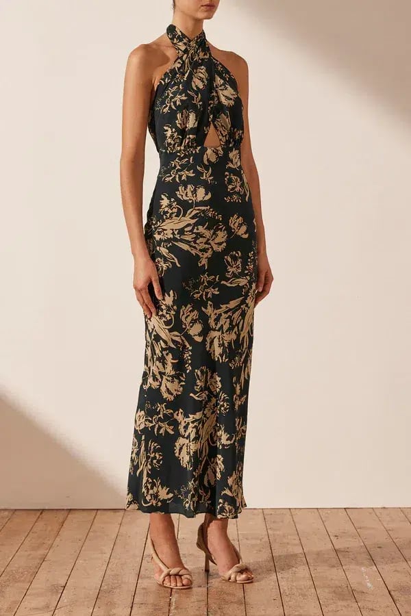 Shona Joy Dawn Silk Cross Front Halter Bias Midi Dress Floral Size 8 photo 4