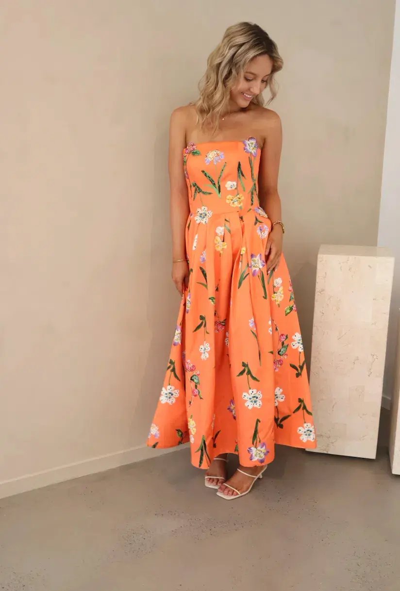 Leo Lin Lynn Bustier Midi Dress in Wild Flower in Coral Size 8 photo 2