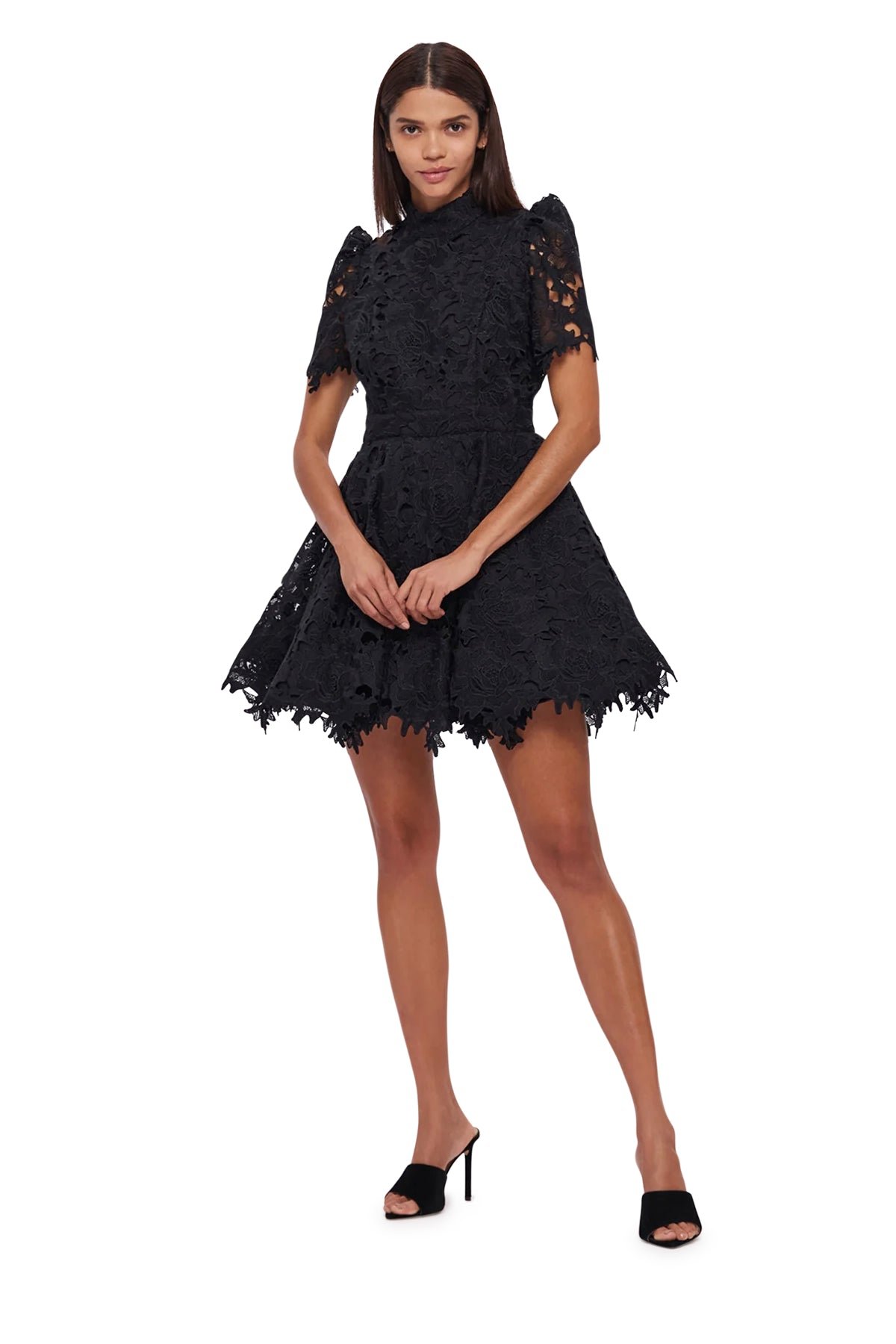 LEO LIN ELISE LACE SHORT SLEEVE MINI DRESS - EBONY photo 6