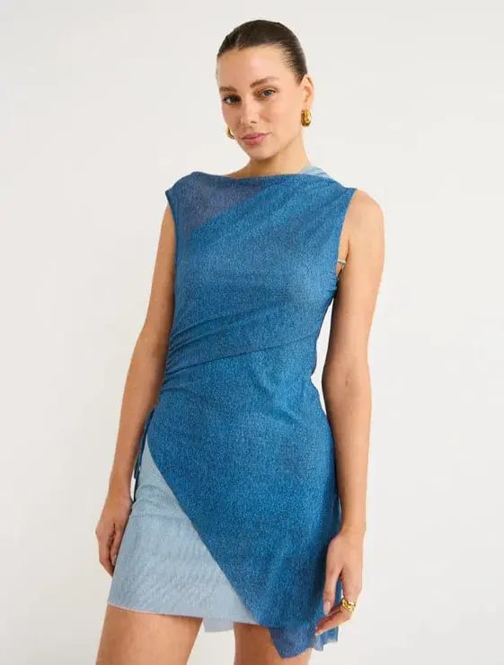 Bec & Bridge Hayden Asym Mesh Mini Dress Spliced Denim Blue Size AU 10 photo 4
