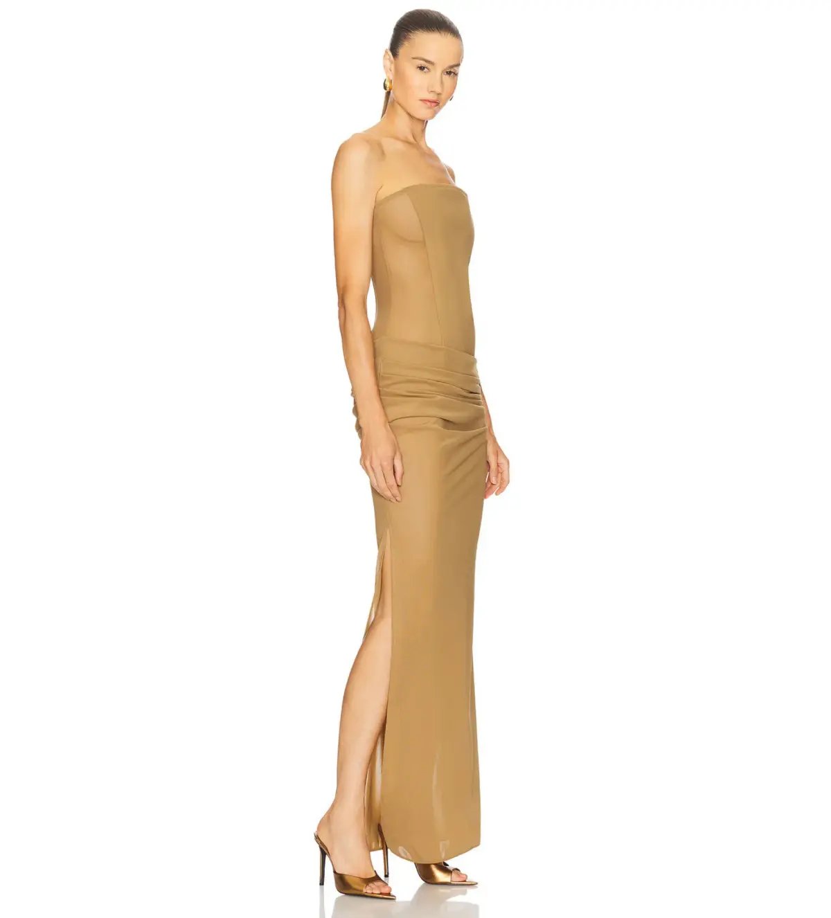 Alex Perry Strapless Longline Column in Stretch Mesh Maxi Dress Khaki Size AU 10 photo 3