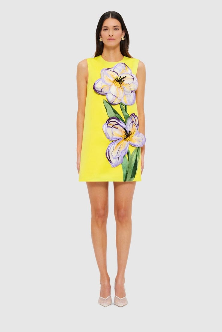 Leo Lin Yvonne Appliqué Floral Mini Dress - Iris Print in Yellow photo 2