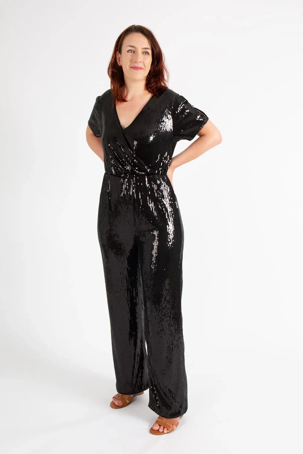 Hugo Boss Stretch Jersey Sequin Jumpsuit with Fixed Wrap Front Black Size AU 10 photo 5