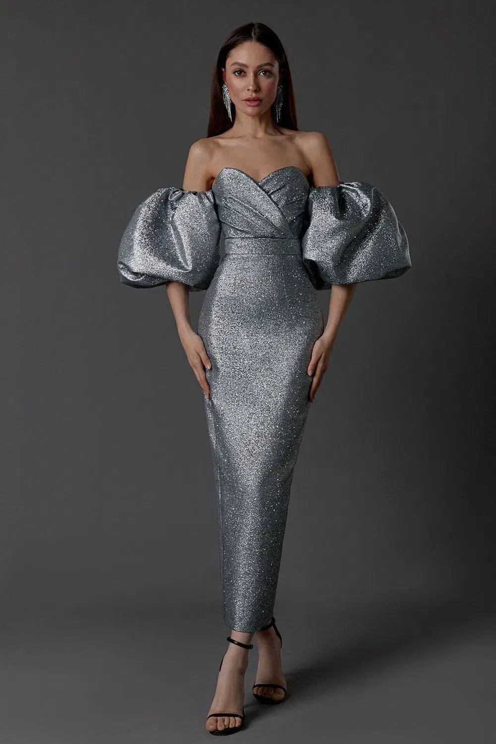LN Family Midi Dress with Puff Sleeves Silver Size 6 photo 3