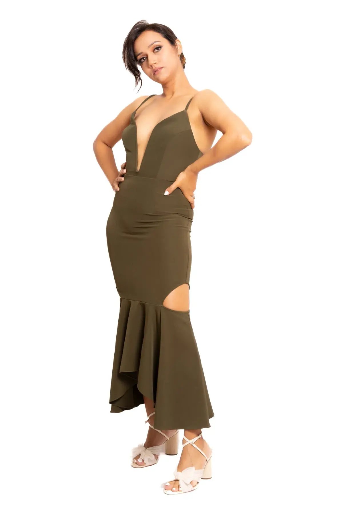 Shona Joy Cruz Plunge Midi Dress Khaki Size 8 photo 2