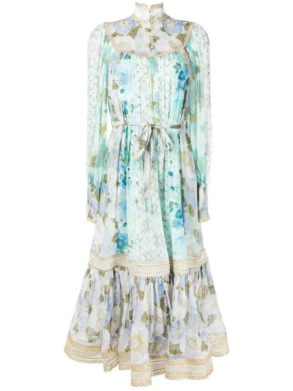Zimmermann Rhythm Trimmed Billow Midi Dress Aqua Mixed Print Size 2 / Au 12 photo 2