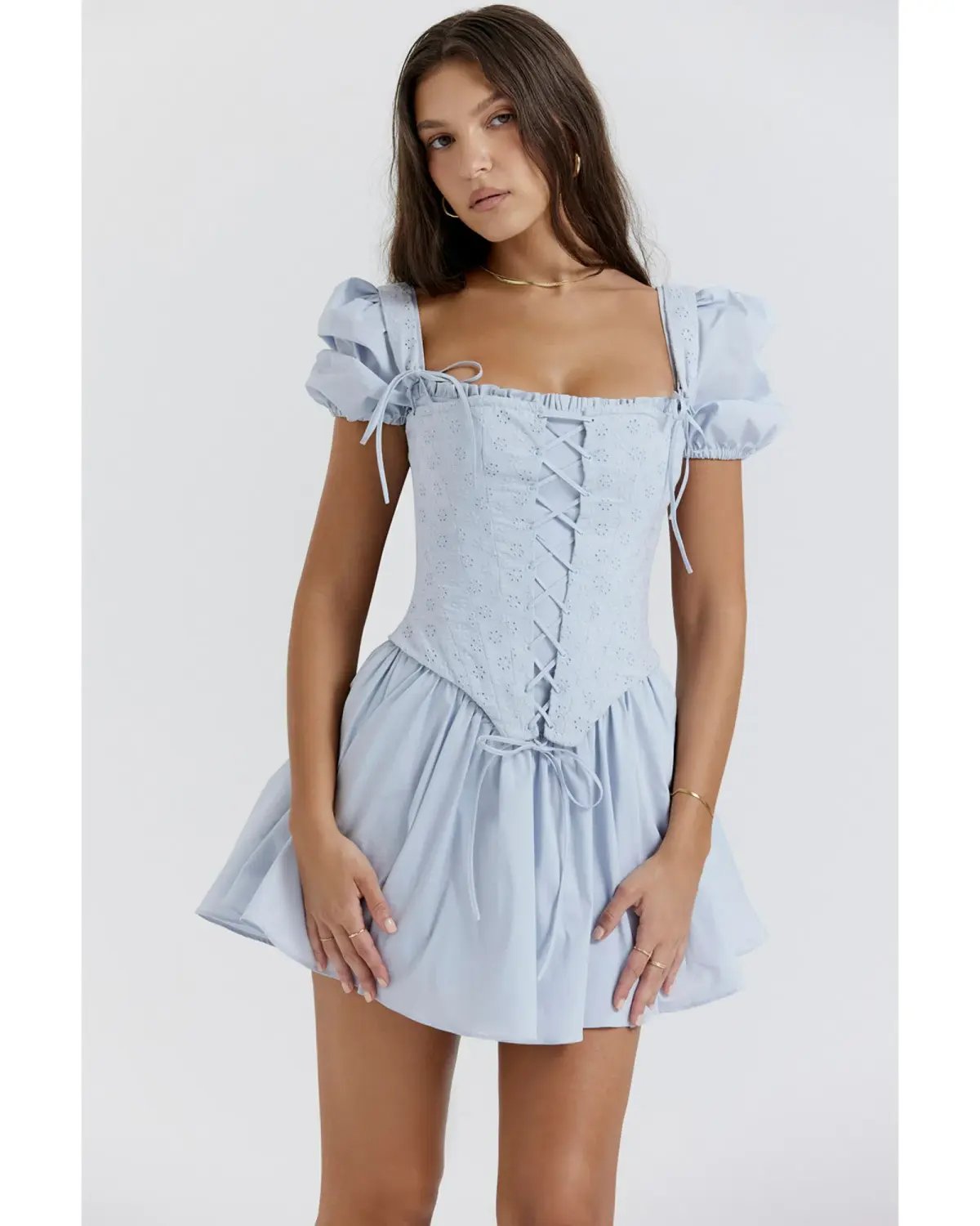 House of CB Maribel Broderie Corset Mini Dress Soft Blue Size S / AU 8 photo 2