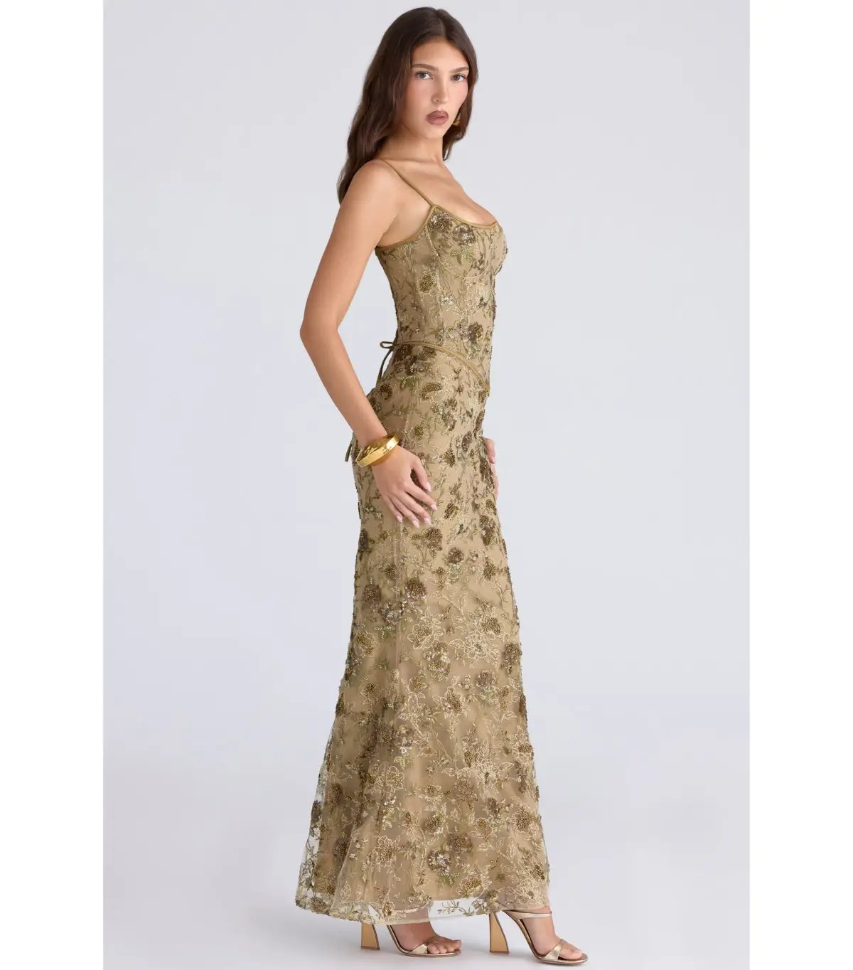 House Of CB Naima Hand Beaded Embellished Corset Maxi Dress Olive Bronze Size AU 8 photo 3