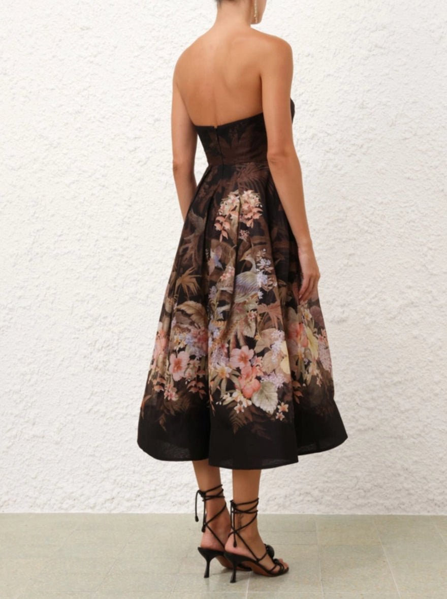 Zimmermann Illuminate Draped Midi Dress In Black Tropical photo 2