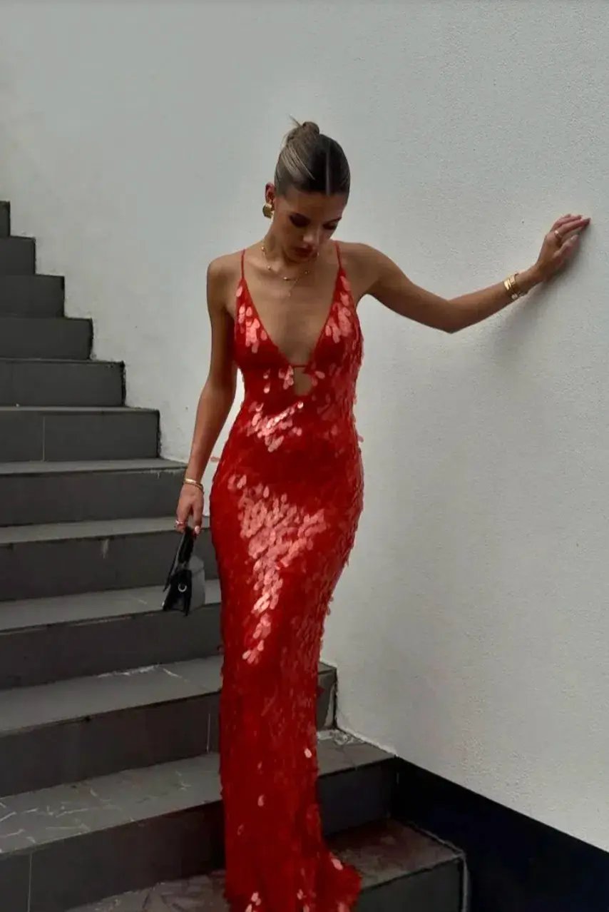Misha Sapphire Sequin Maxi Dress Red Size 8/S photo 5