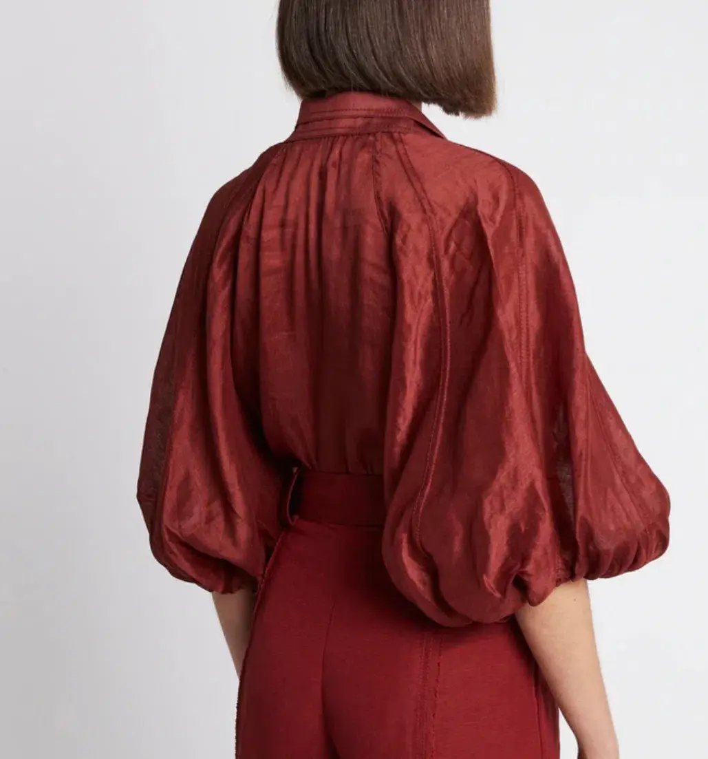 Aje Palms Puff Sleeve Shirt Burgundy Size 12 photo 2