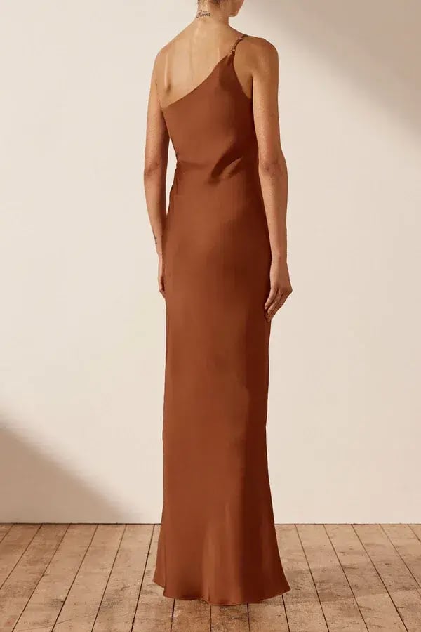 Shona Joy Luxe Asymmetrical Gathered Maxi Dress in Mocha Size 8 photo 3