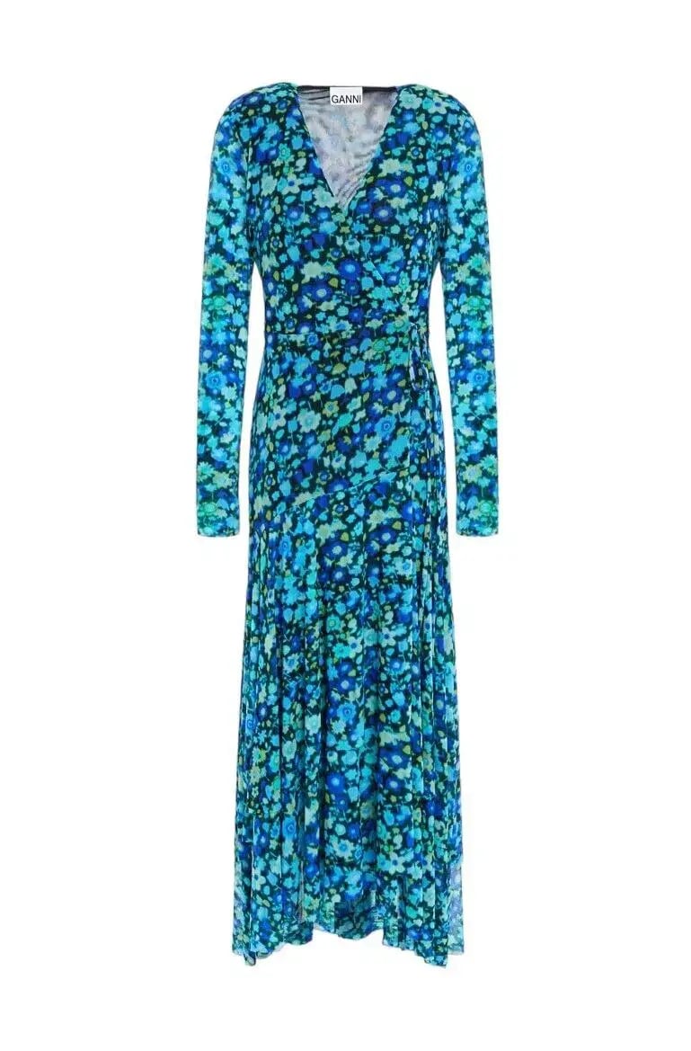 Ganni Floral Print Mesh Wrap Dress Turquoise Floral Print Size 38/ Au 10 photo 5