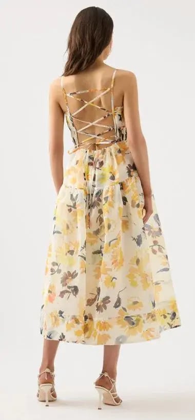 Aje Botanica Floral Cross Back Midi Dress Yellow Size 8 photo 2