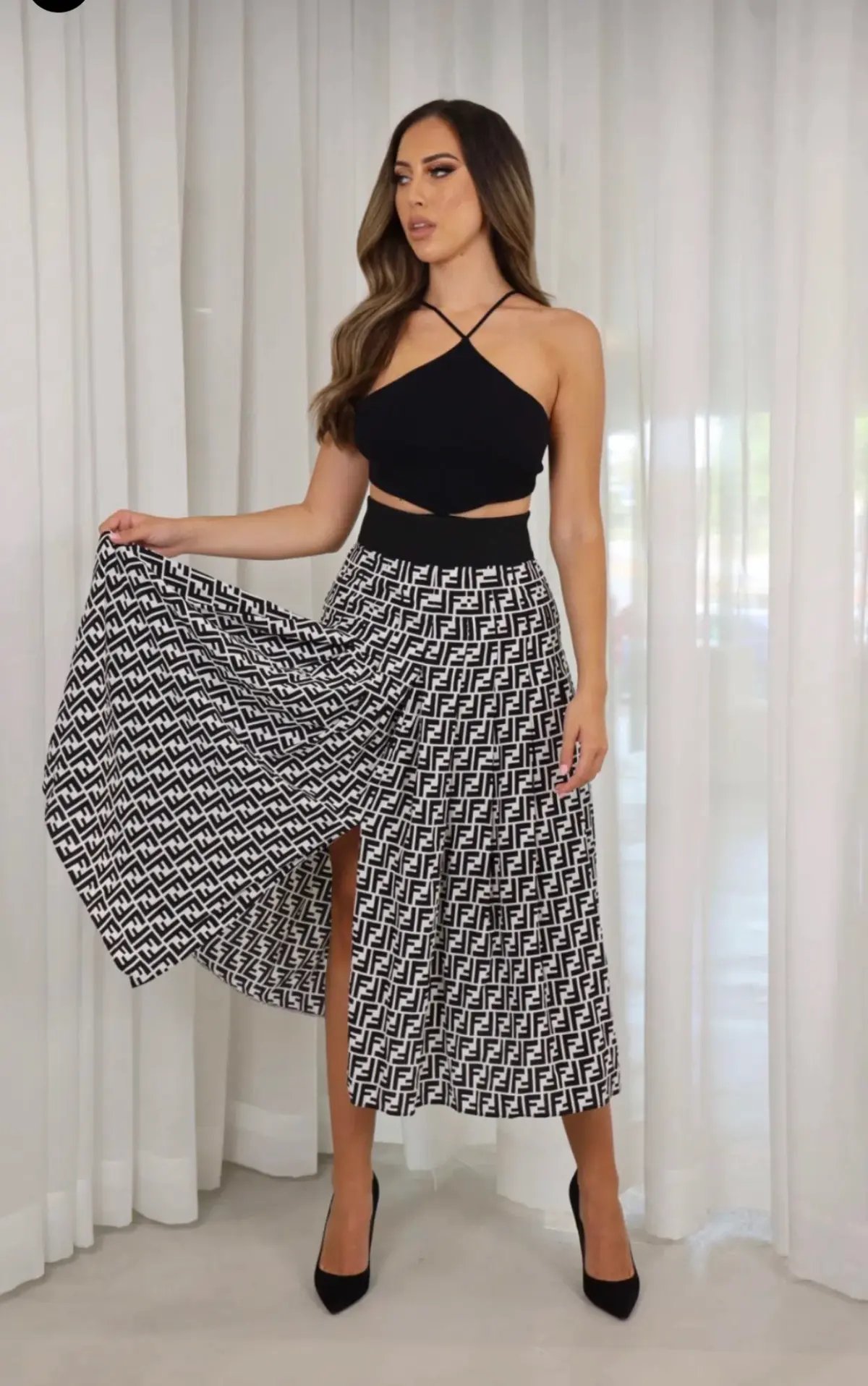 Fendi Silk Georgette Midi Skirt Print Size 8 photo 2