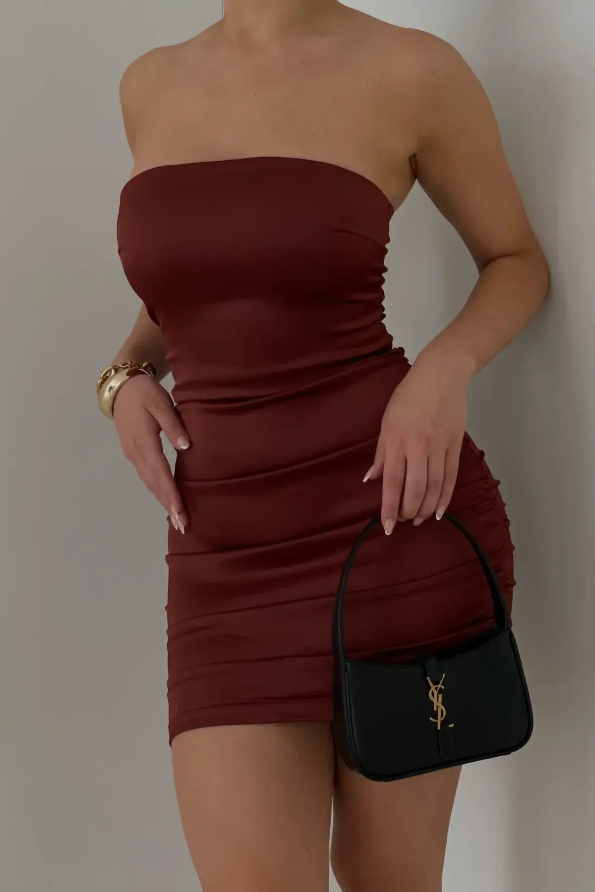 Meshki Corrine Ruched Mini Dress Cherry Chocolate Size M / AU 10 photo 5