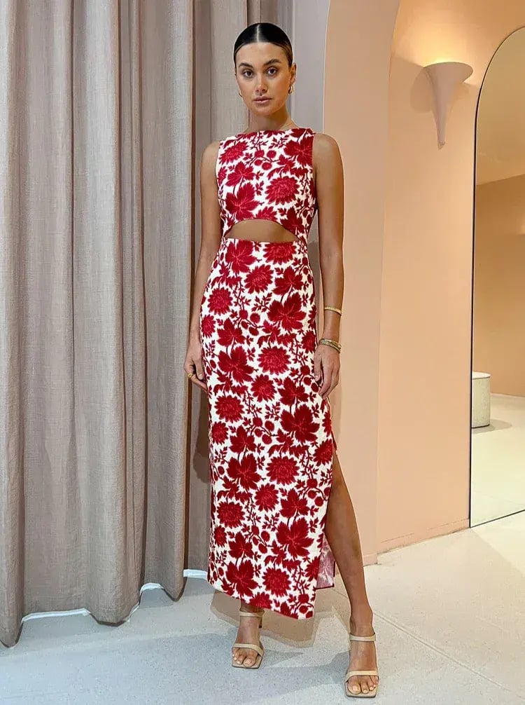 Sir The Label Cinta Linen Cut Out Midi Dress Red Floral Size 1/AU 8 photo 5
