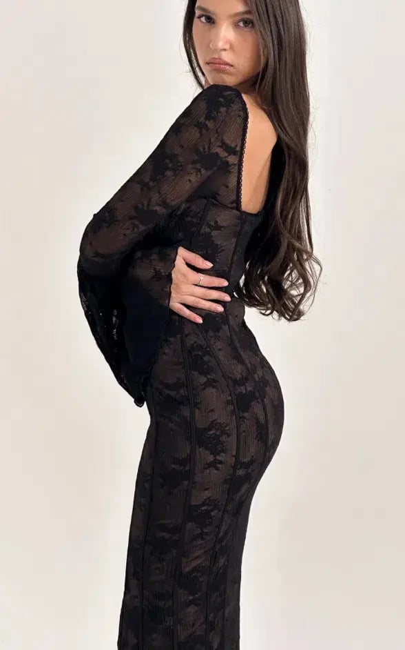 House Of CB Delilah Long Sleeve Lace Maxi Dress Black Size 6 photo 3