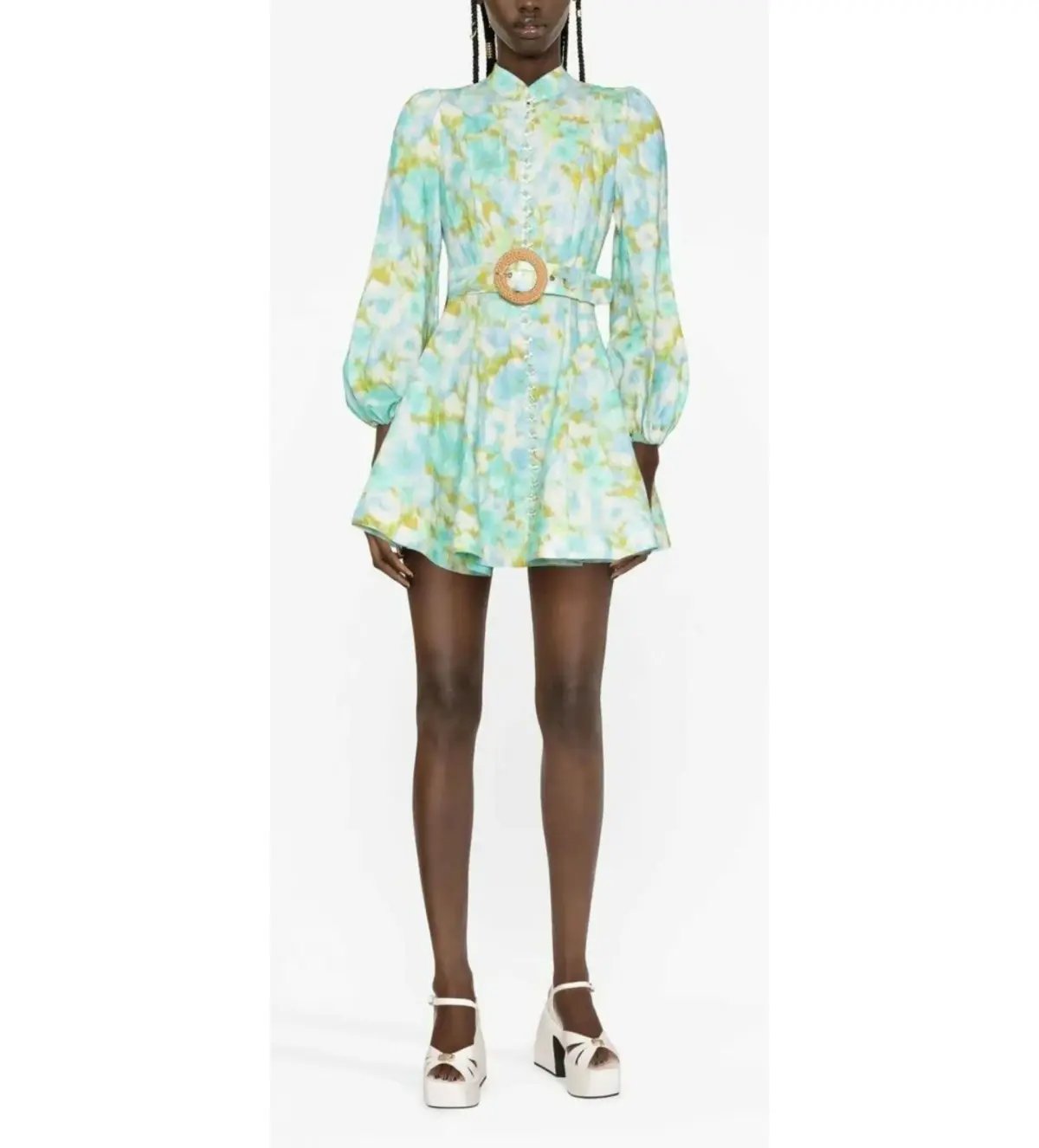 Zimmermann High Tide Buttoned Mini Dress Aqua Ikat Floral Size 0 AU 8 photo 2