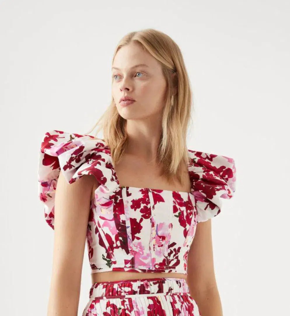 Aje Cherie Bubble Midi Skirt and Top Set Red Floral Size 8 photo 2