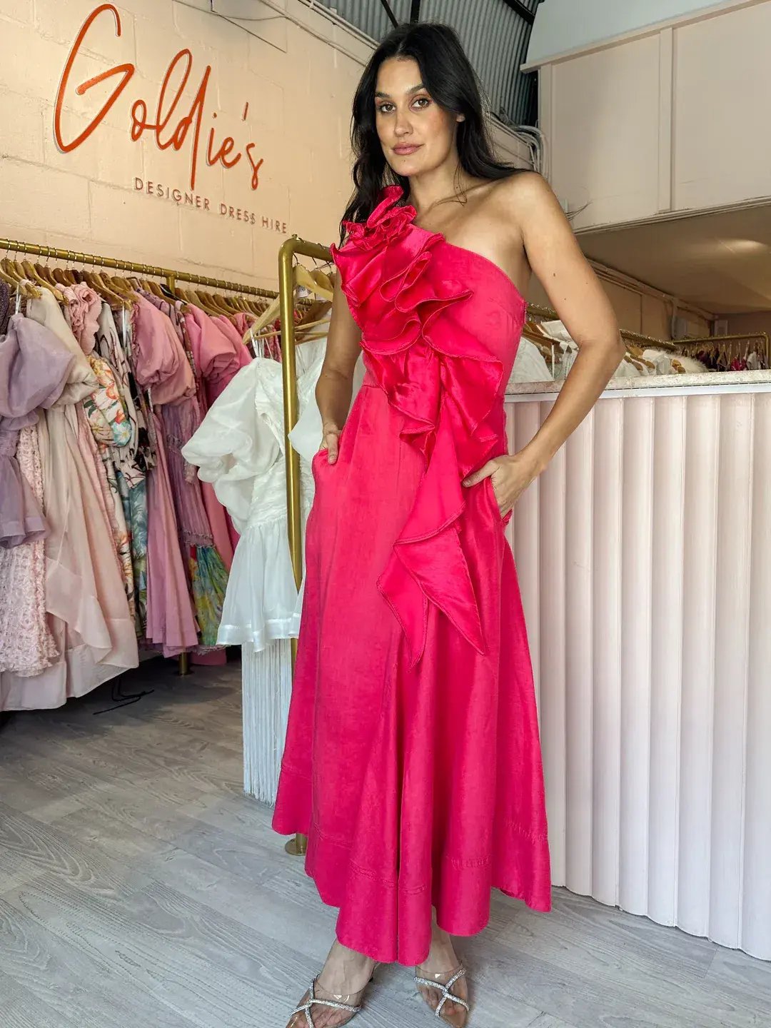 New! Aje Adelia Ruffle Midi Dress in Bougainvillea Red Size AU 6 photo 6