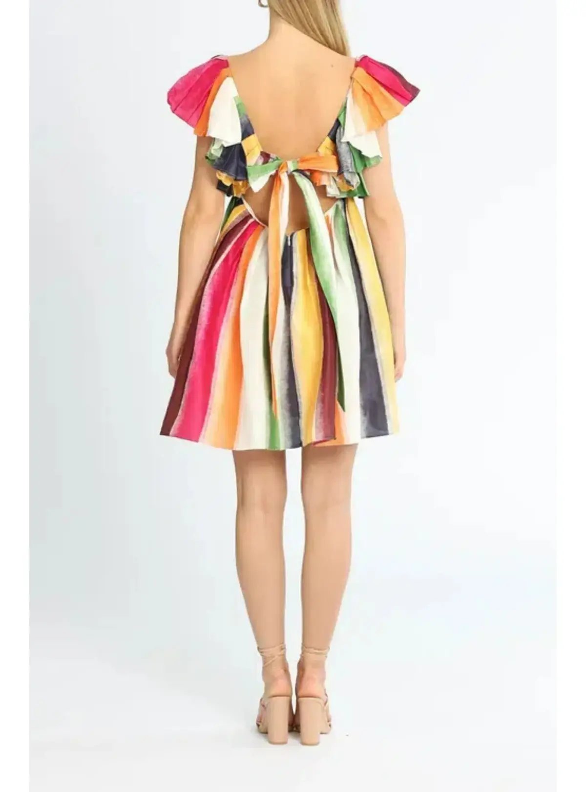 Leo Lin Fortune Stripe Tie Back Dress Multi Print Size AU 12 photo 3