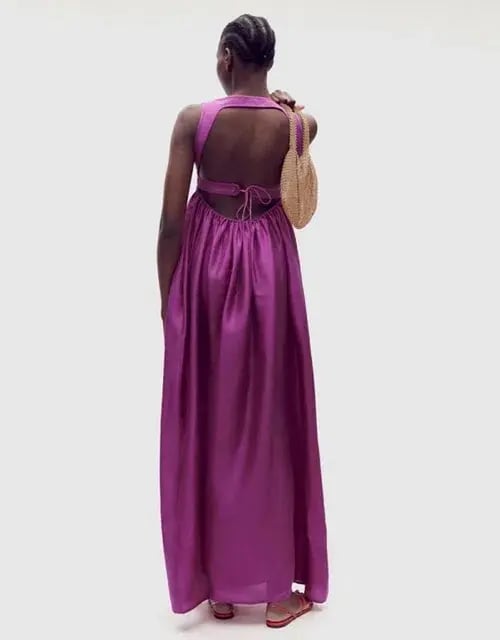OROTON Strappy Open Back Poplin Maxi Sundress in Magenta Size 10 photo 4