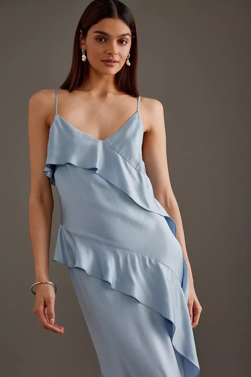 Anthropologie Asymmetric Ruffle Maxi Slip Dress Blue Size 10 photo 2