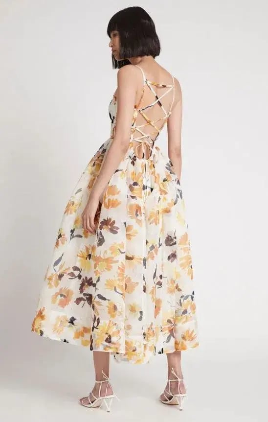 Aje Botanica Floral Cross Back Midi Dress Yellow Size 8 photo 5