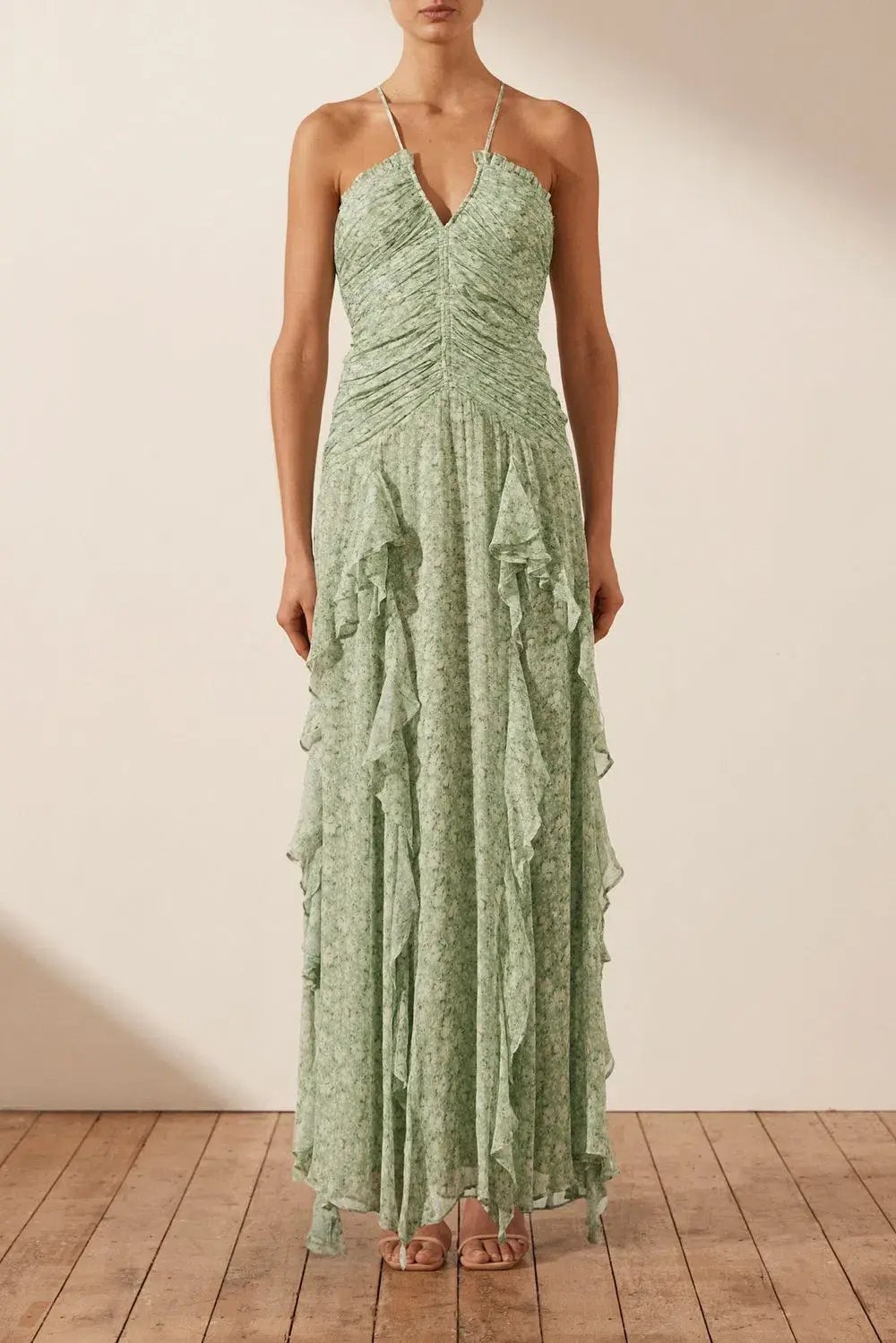 Shona Joy Aurore Ruched Frill Maxi Dress Green Floral Size AU 6 photo 2