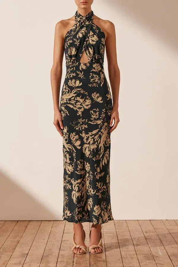 Shona Joy Dawn Silk Cross Front Halter Bias Midi Dress Floral Size 8 photo 5
