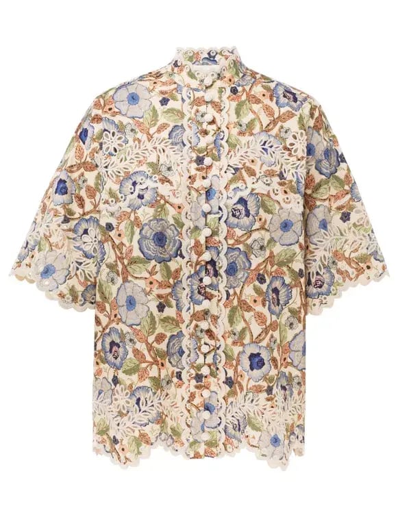Zimmermann The Junie Embroidered Shirt and Short Set in Ivory/Blue Floral Size 0 / AU8 photo 3