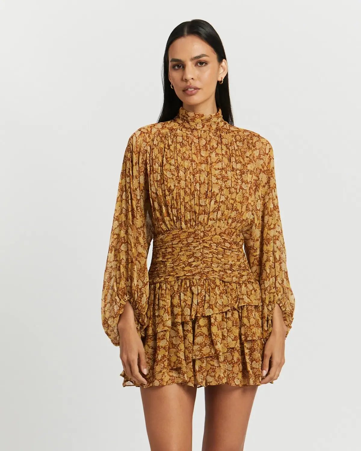 Shona Joy Sunset Long Sleeve Ruched Mini Dress Floral Size 8 photo 2