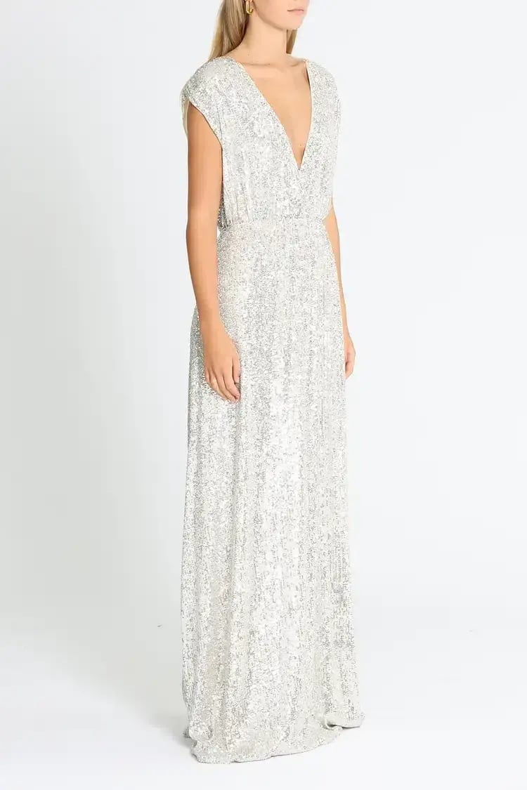 Elle Zeitoune Wrap Style V Neck Sequin Gown Silver Size 10 photo 2
