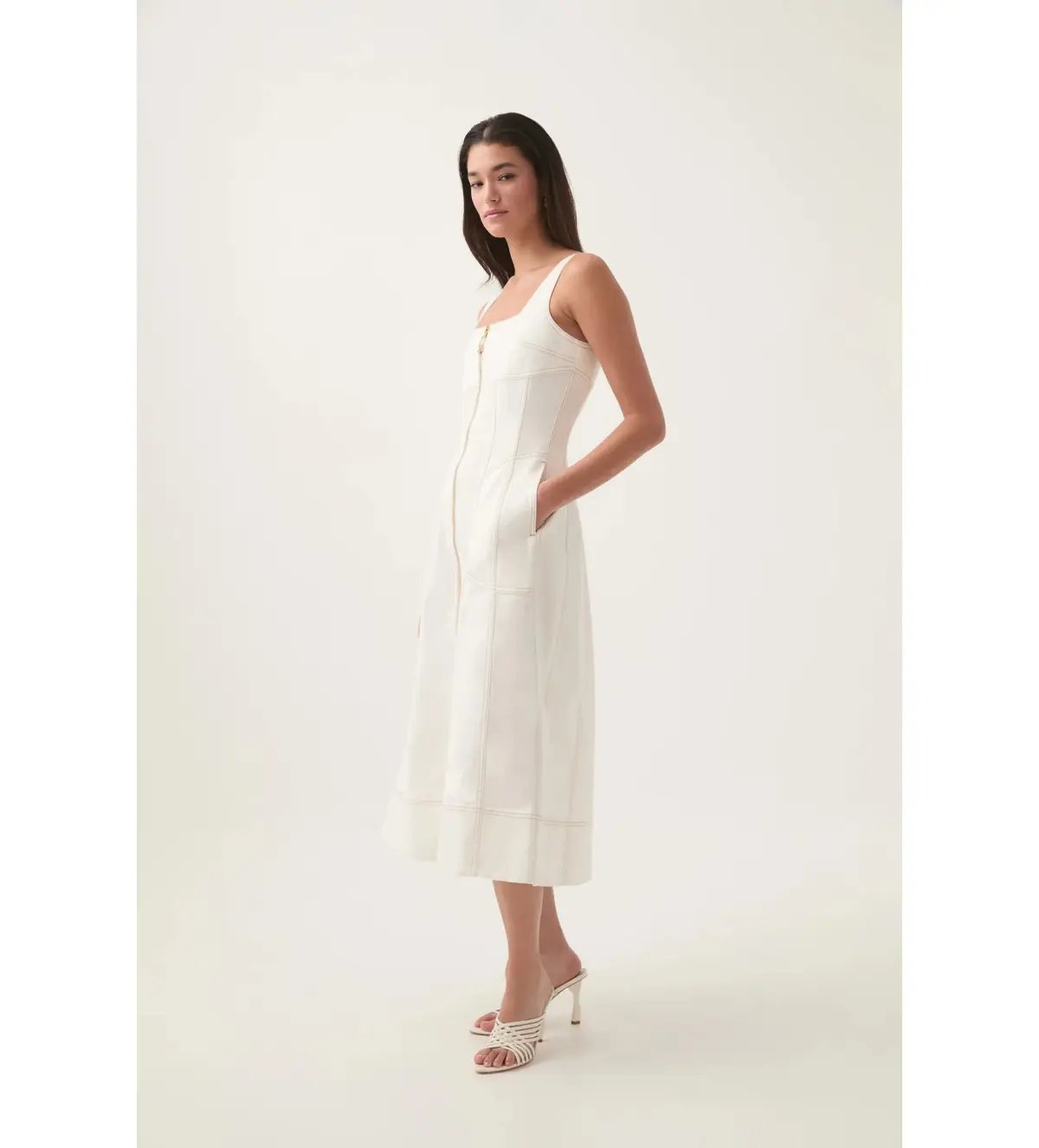 Aje Emilie Denim Midi Dress White Size 12/L photo 2
