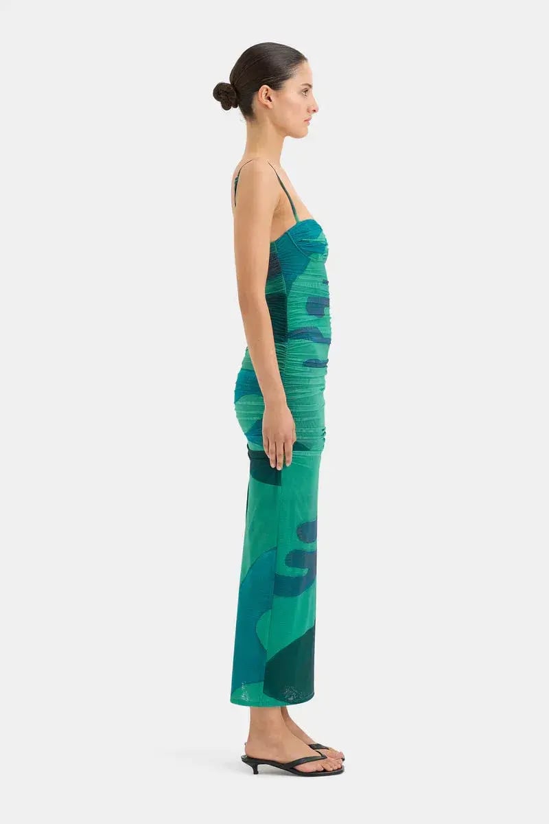 Sir The Label Frankie Gathered Midi Dress Green Multi Size 1 / AU 8 photo 3