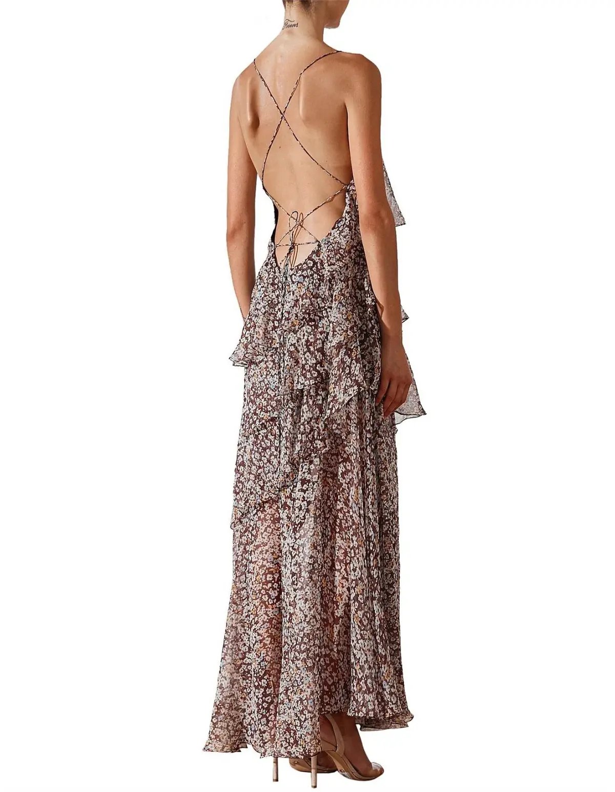 Shona Joy Garner Cross Back Tiered Maxi Dress  Retro Ditsy Floral Print In Chocolate Size 6 photo 4