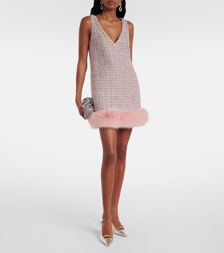 Self-Portrait Pink Boucle Fur Hem Mini Dress photo 3