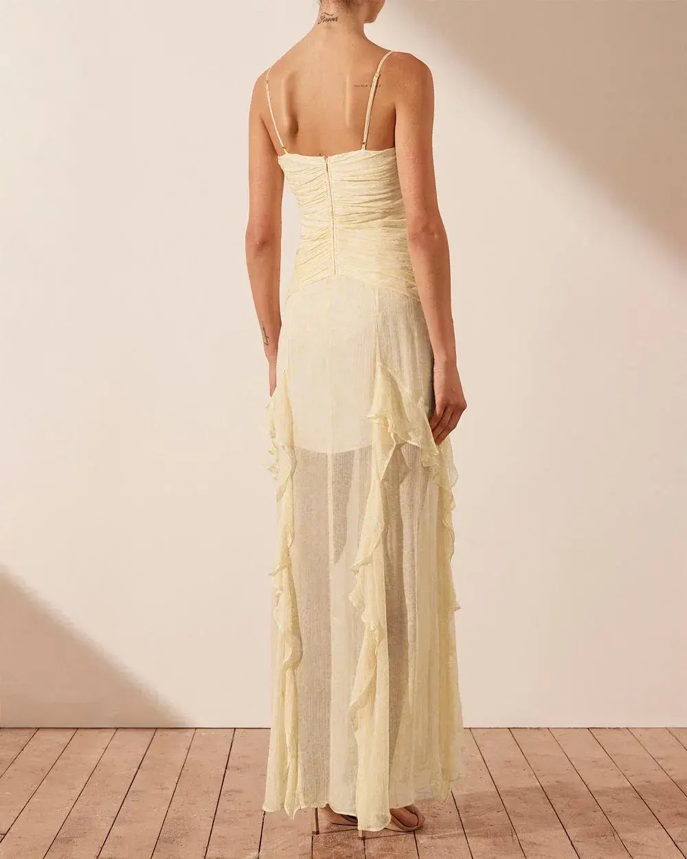 Shona Joy Gina Ruched Frill Maxi Dress in Limoncello Size 6 photo 3